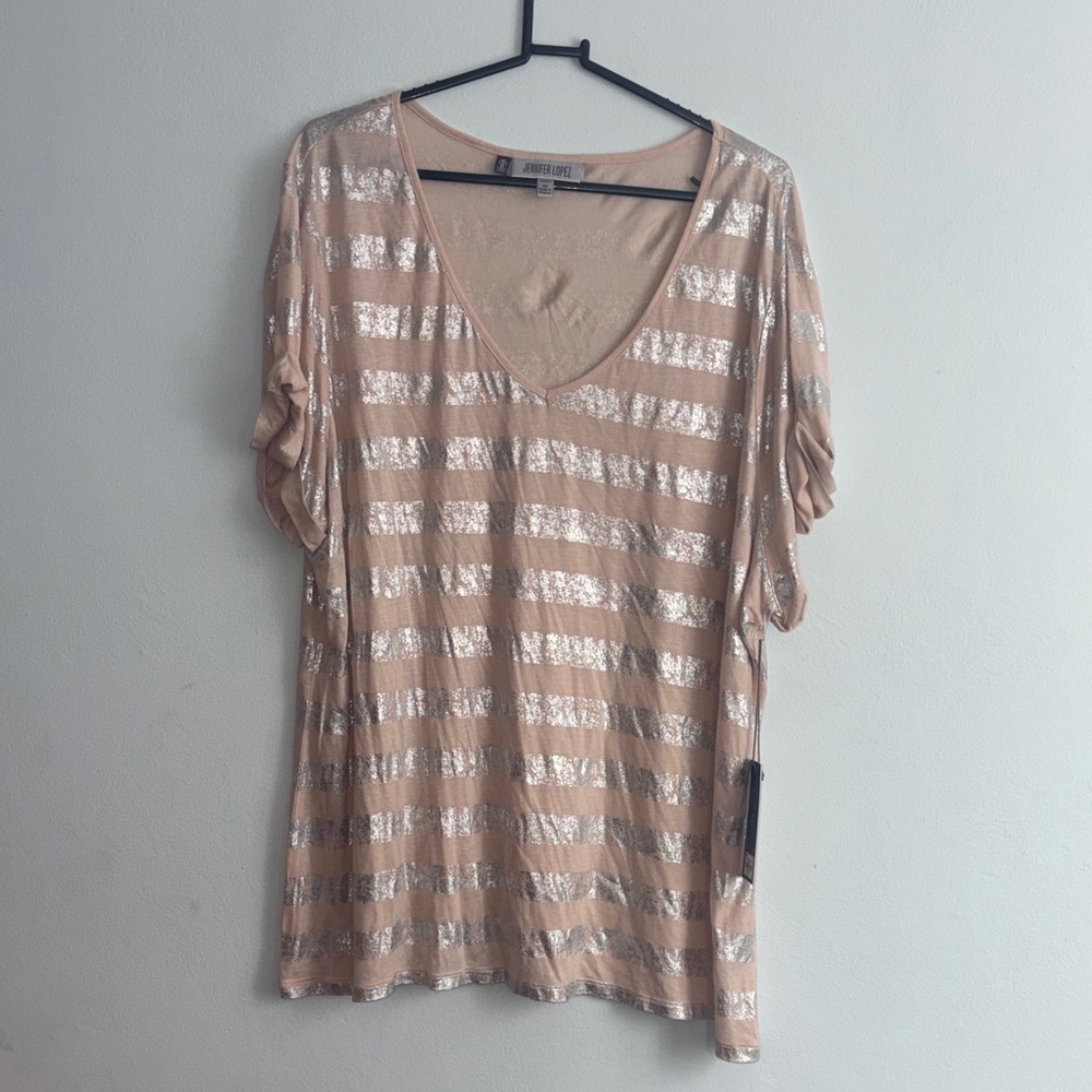 Jennifer Lopez Tan and Silver Striped Short Sleeve Tee